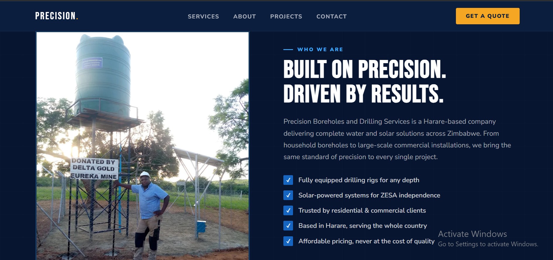 Precision Boreholes website — borehole services Harare