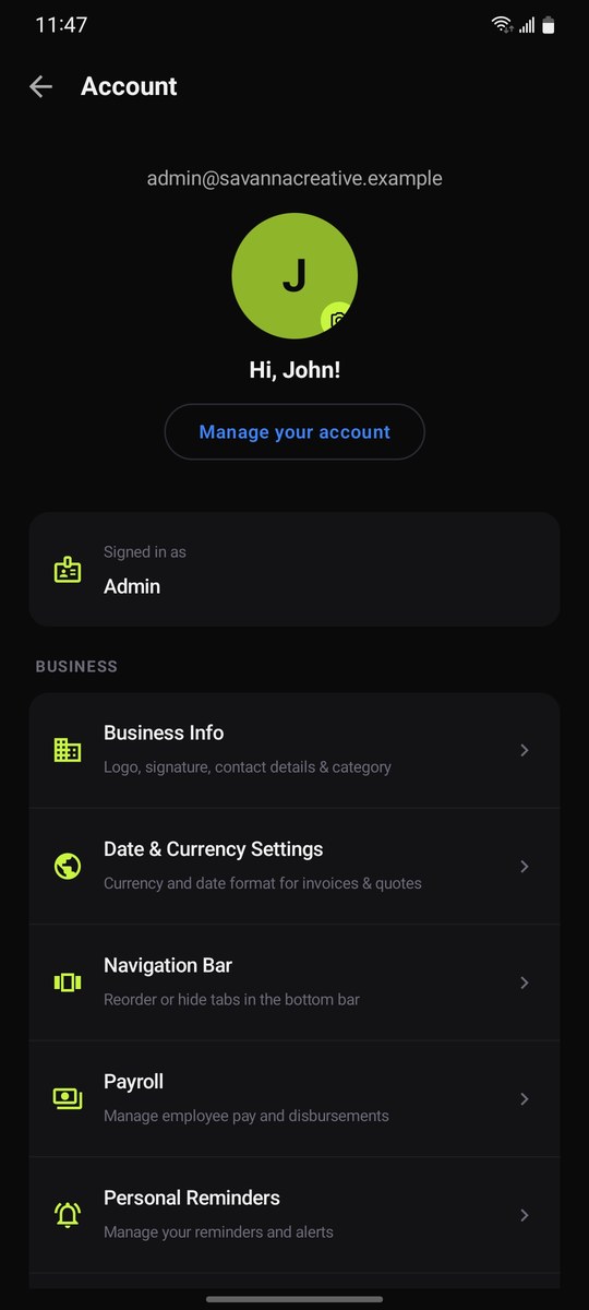 Invitt OS account settings for business info, currency, navigation bar and payroll