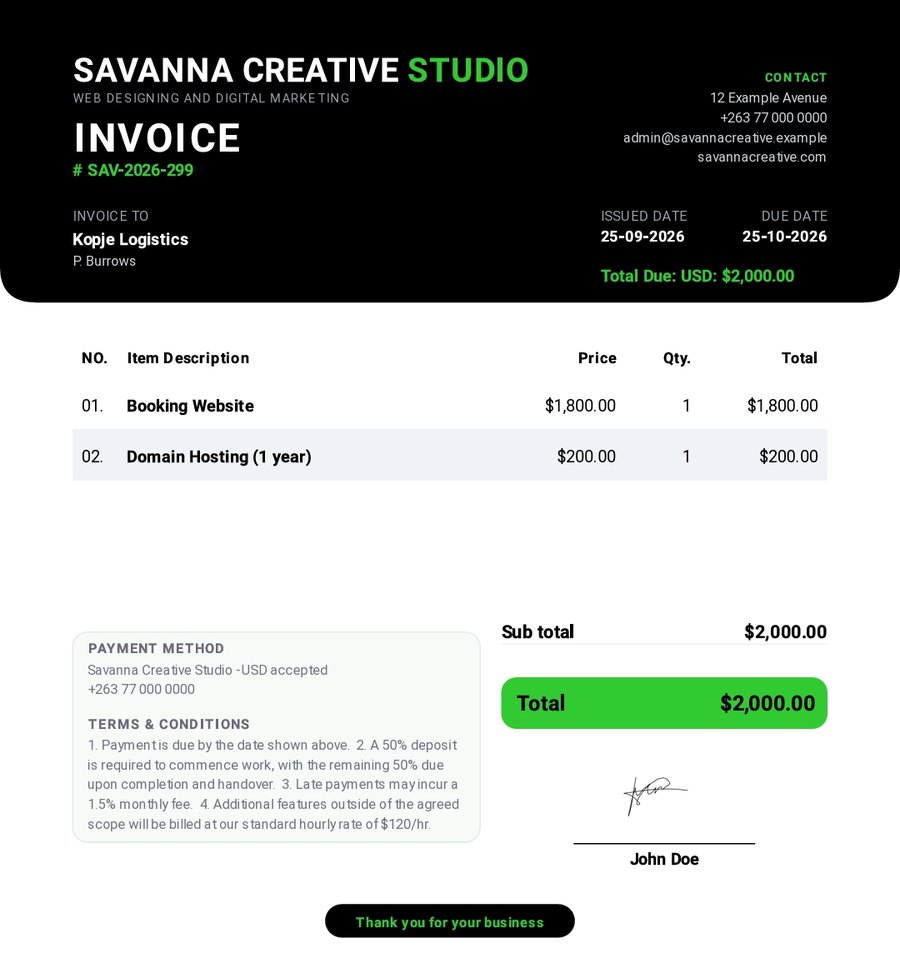 Invoice for a booking website and domain hosting with payment terms and signature