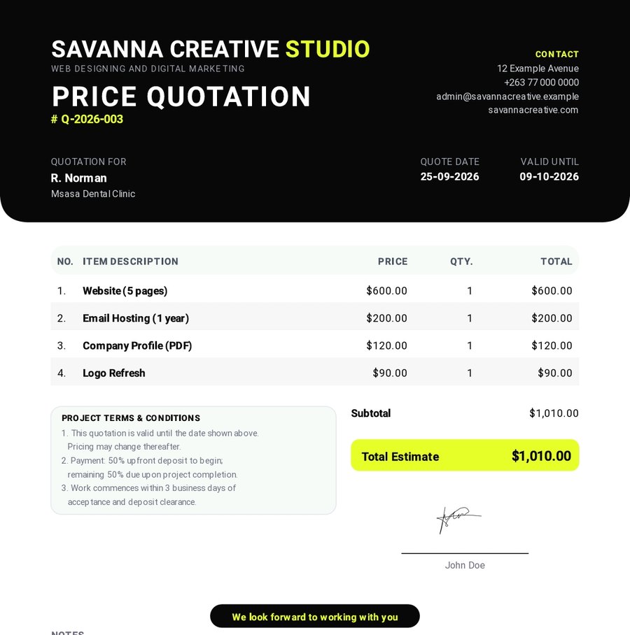 Price quotation for a five-page website, email hosting, company profile and logo refresh