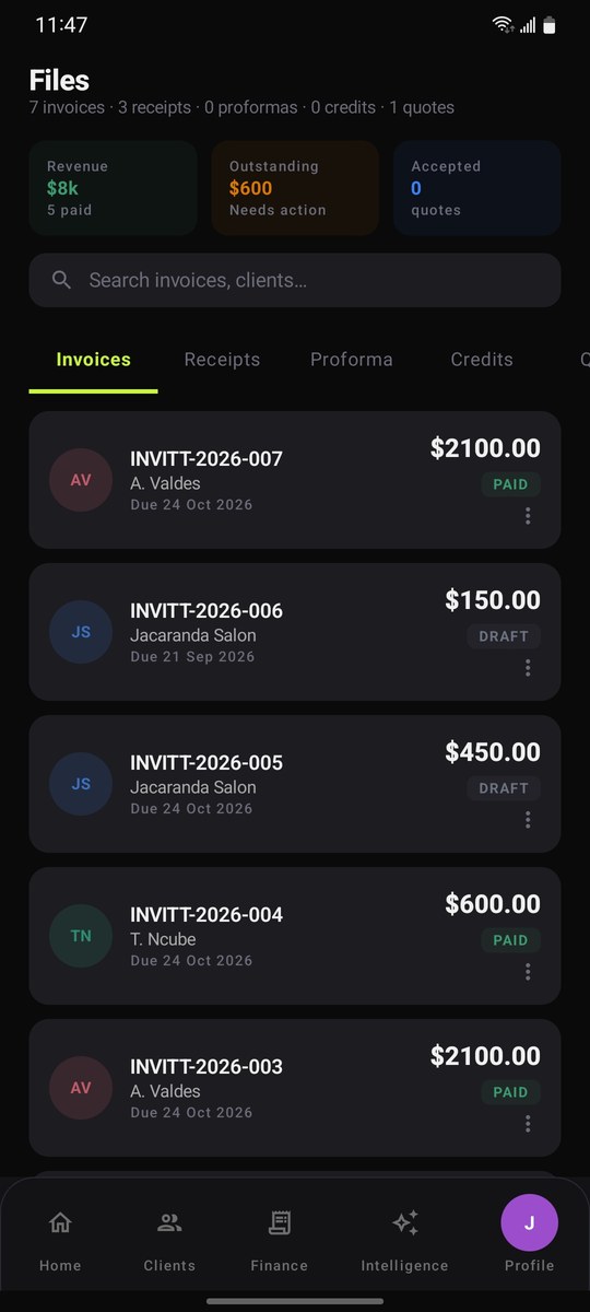 Invitt OS files screen listing invoices with amounts and paid or draft status