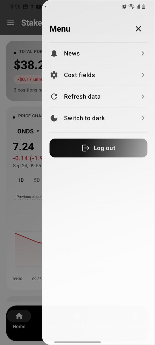 Stakes menu with news, cost fields, data refresh and light and dark switch