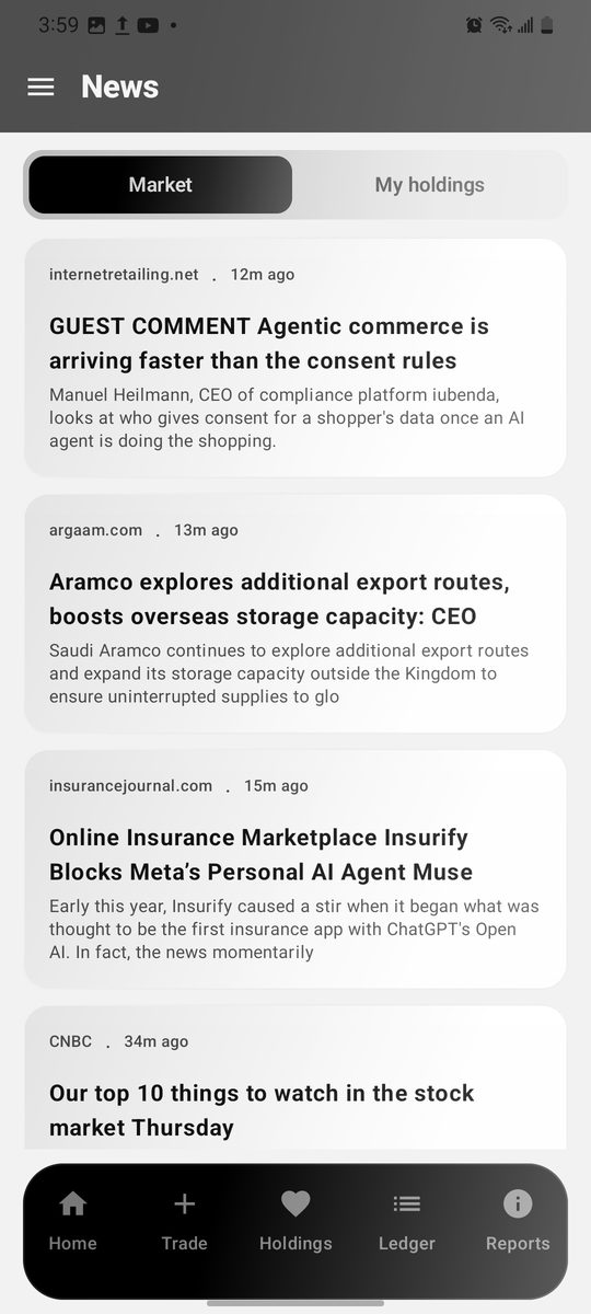 Stakes market news feed with Market and My holdings tabs