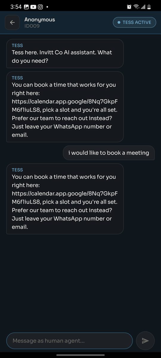 TessAdmin conversation view with the option to reply as a human agent